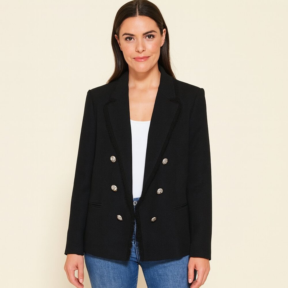 Bar III Black Double Breasted Fringe Trim Blazer Medium Open Front Women’s